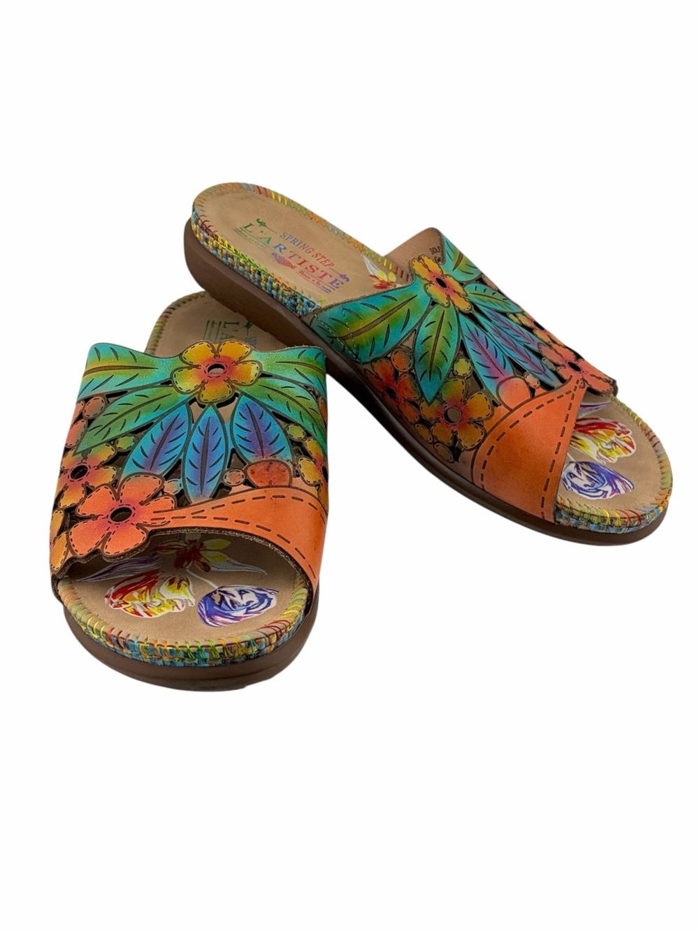 L’Artiste Soloa Boho Floral Slide Sandals Womens 8.5 Colorful Cut Out Leather